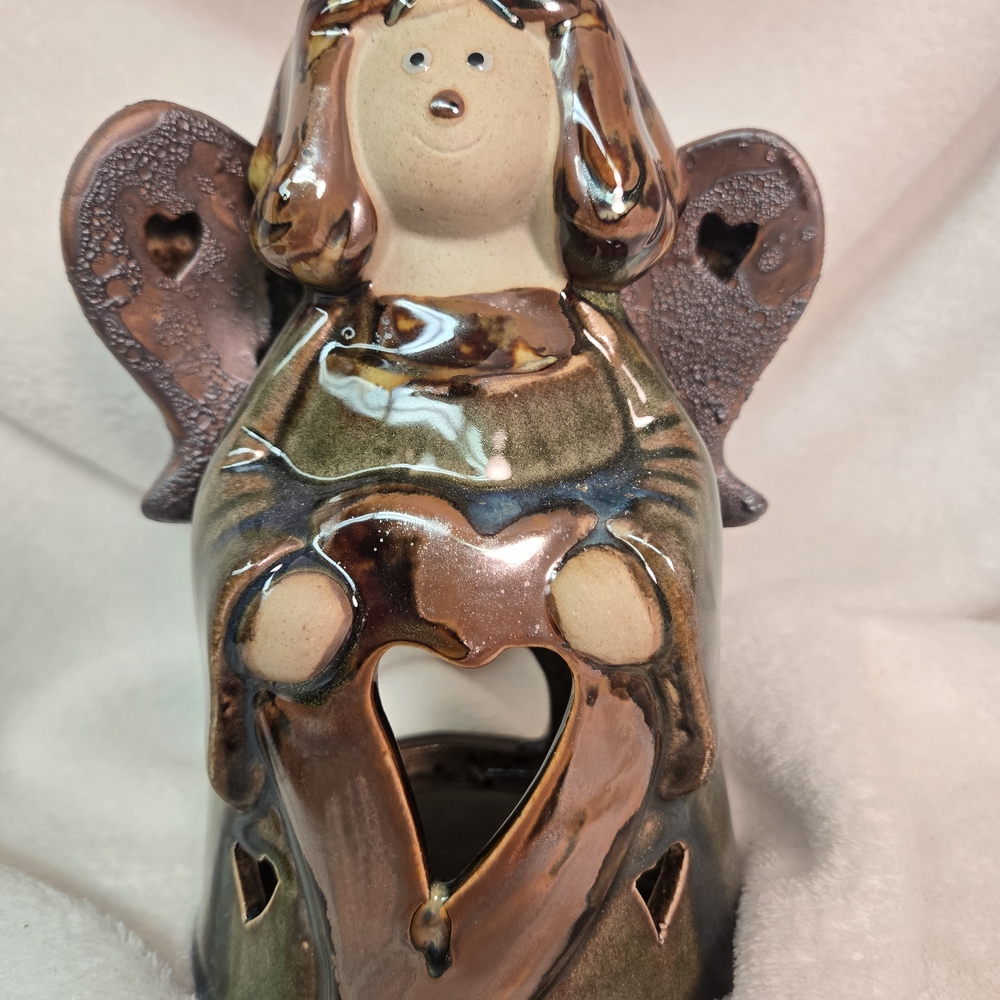 Ceramic Angel Candle Holder - Dark Green and Cream